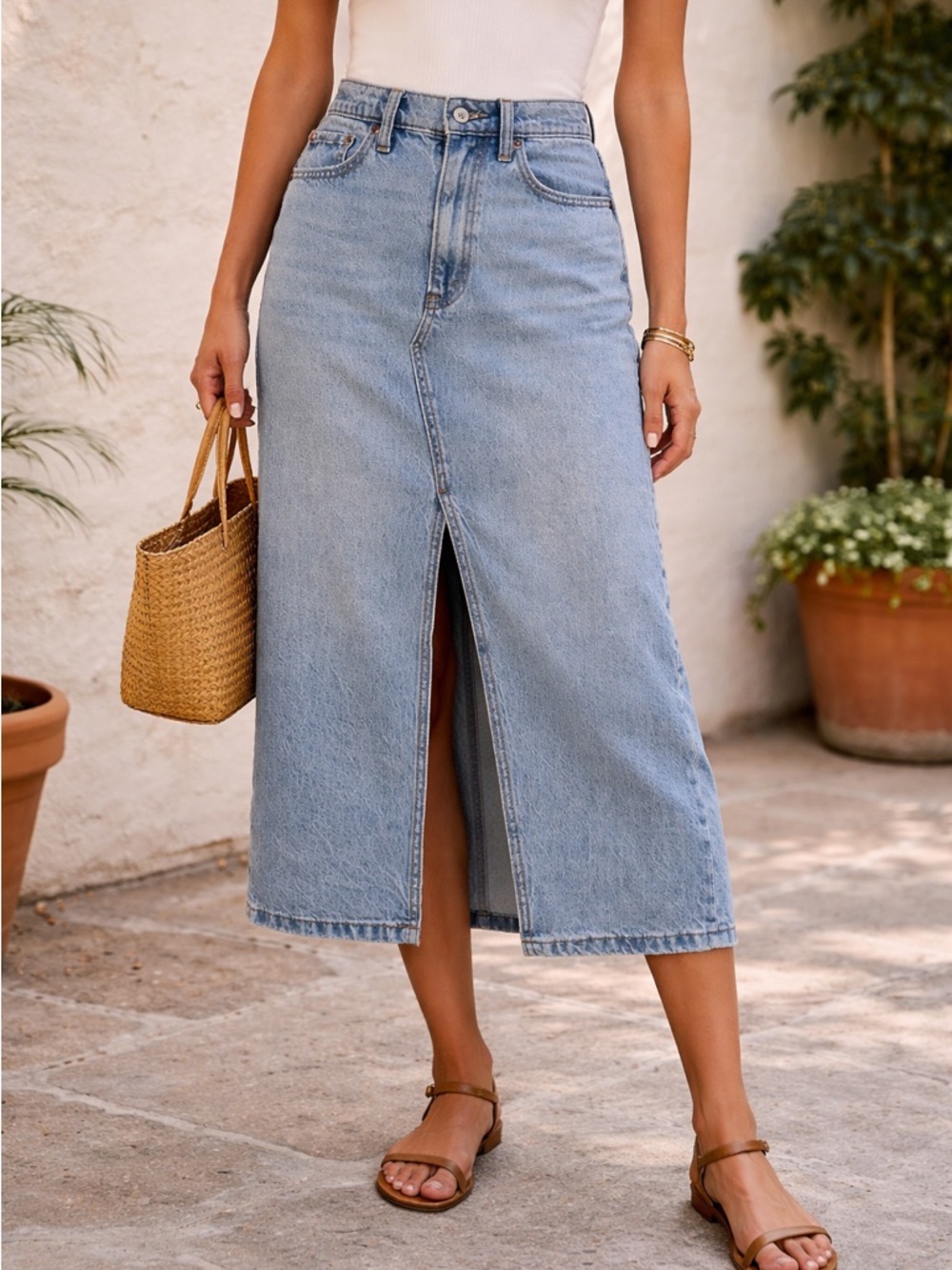 Abercrombie & Fitch High Rise Light Blue Denim Midi Skirt, Size 26, Front Slit